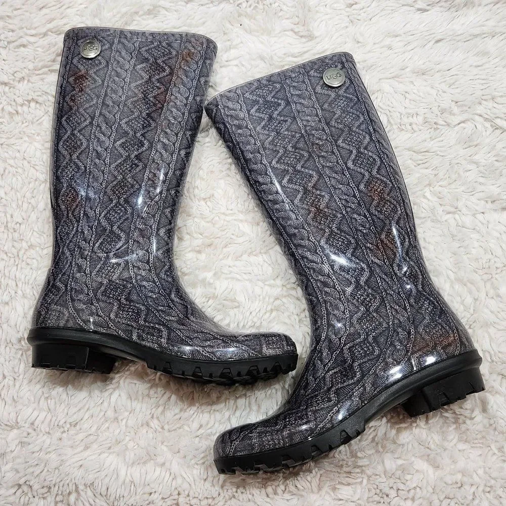 UGG Shaye Cable Knit Women Tall Grey Orange Tie Dye Rain Boots Size 5